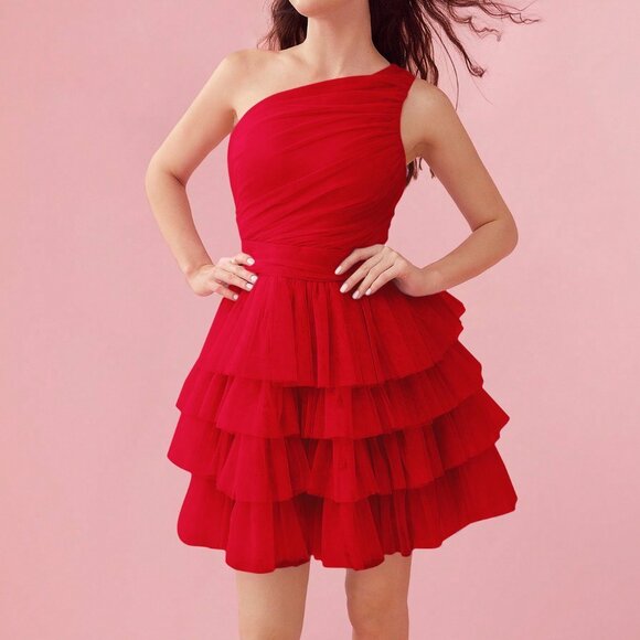 Red Elegant Women's Asymmetric Ruffle Layered Mesh Overlay Dress - Picture 6 of 8